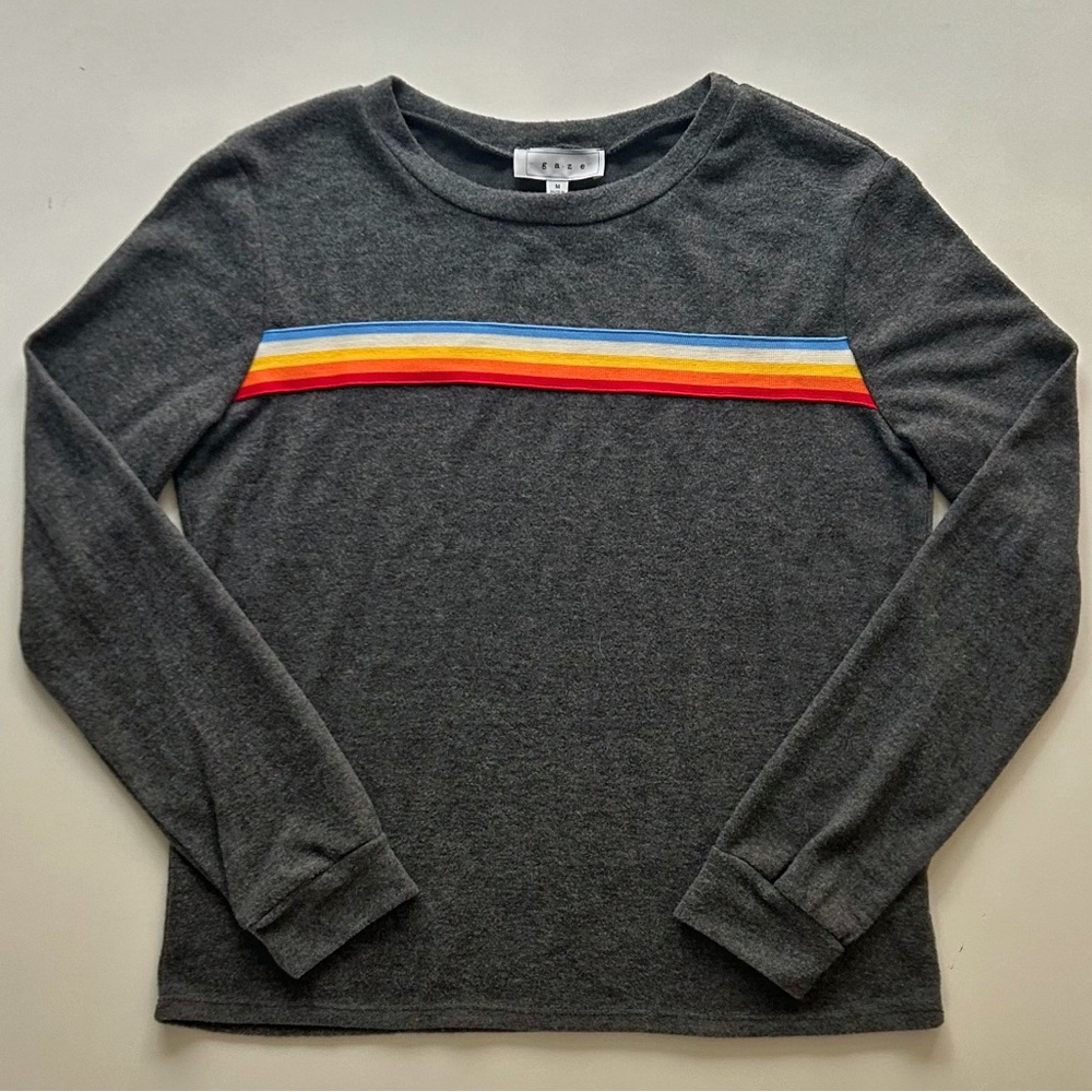 Gaze Charcoal Rainbow Stripe Long Sleeve Tee Retro Chest Stripe Size M